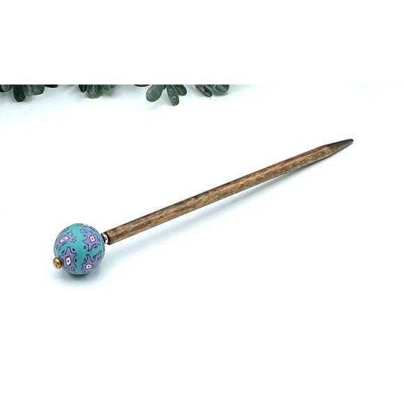 Handcrafted Hair Stick With Polymer Clay Bead teal and purple tones - Picture 2 of 3